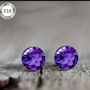 Purple Floral Stainless Steel Stud Earrings #134